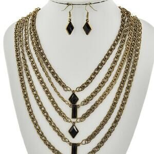 Burnished Gold Tone & Black Acrylic Multi Row Necklace & Earring Set